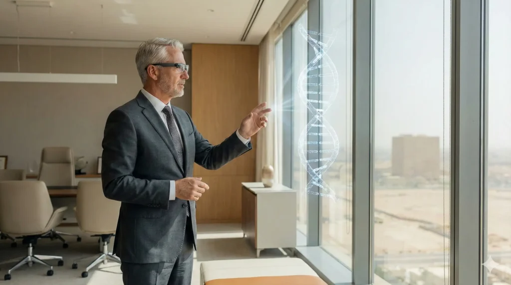 Regenerative Medicine Medical Director reviewing patient data in Riyadh.