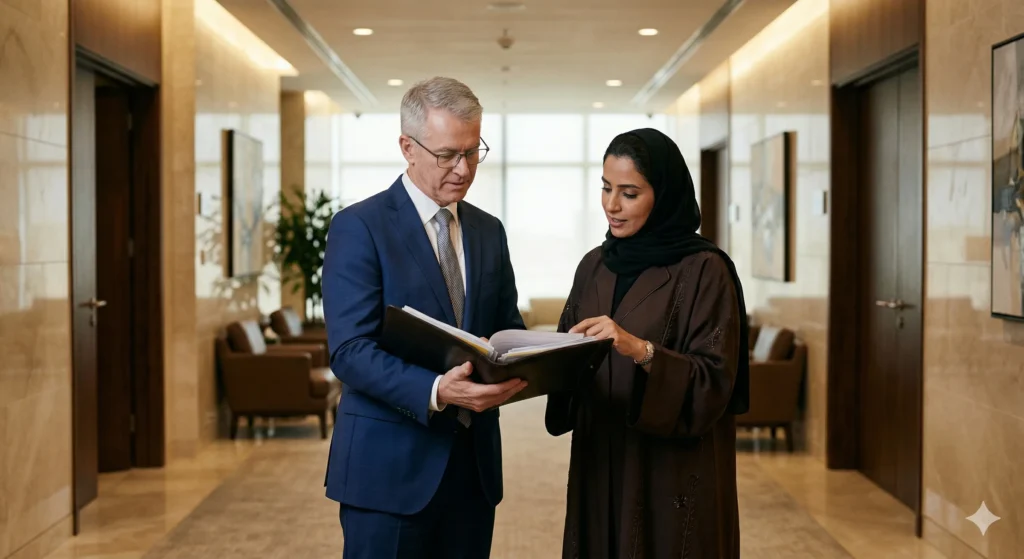 Western-trained physician and Abu Dhabi private hospital director reviewing a licensing file in a premium clinical setting