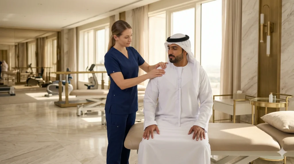 Western-trained physiotherapist in a premium Gulf rehabilitation clinic during a discreet one-to-one therapy session