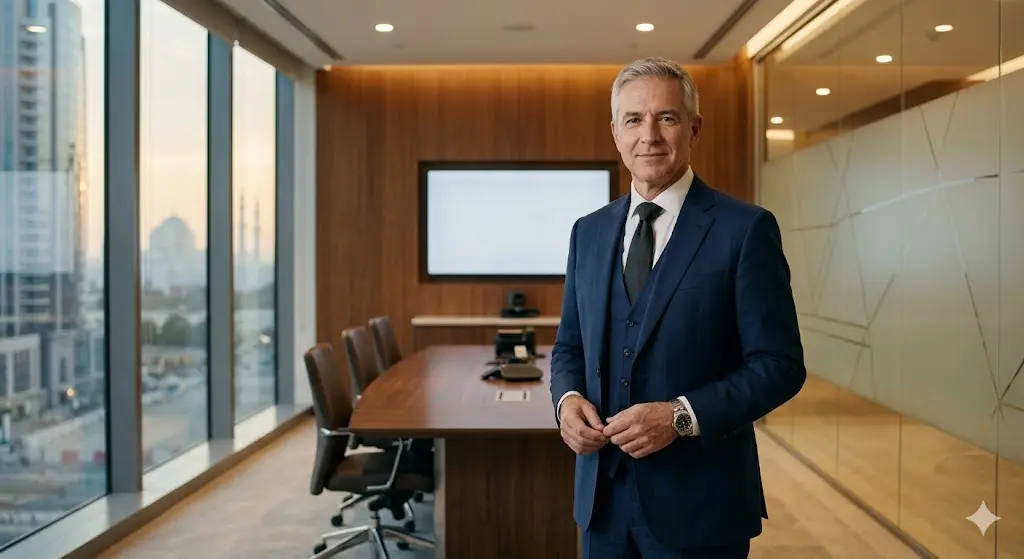 A Western-trained consultant physician in a premium private hospital boardroom in Abu Dhabi.