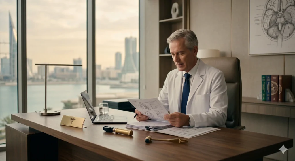 A Western-trained consultant physician in a premium private hospital office in Bahrain.