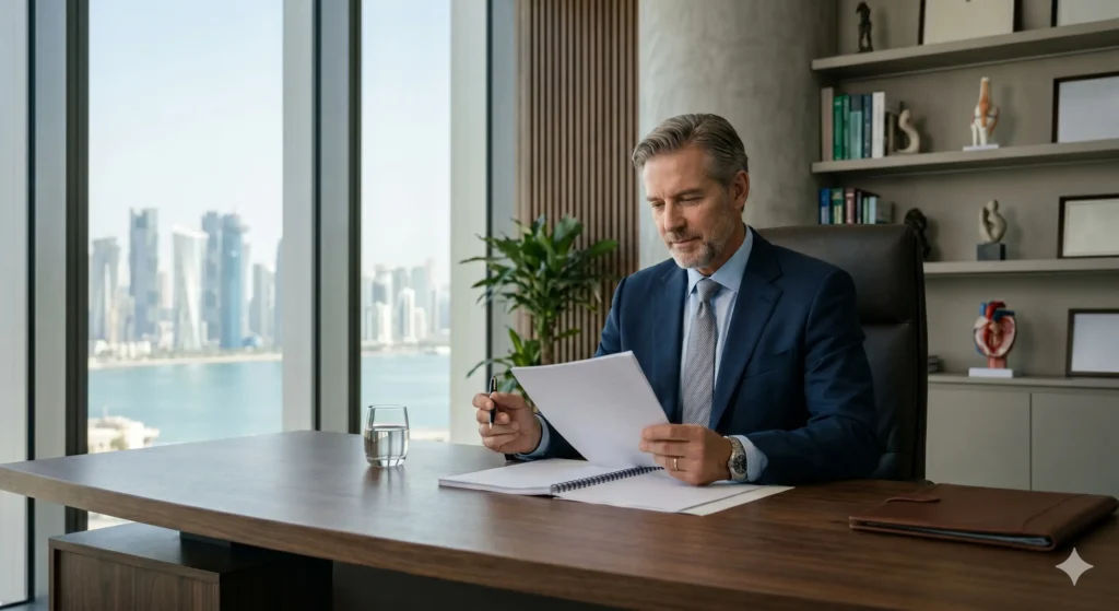 A Western-trained consultant physician in a premium private hospital office in Doha.