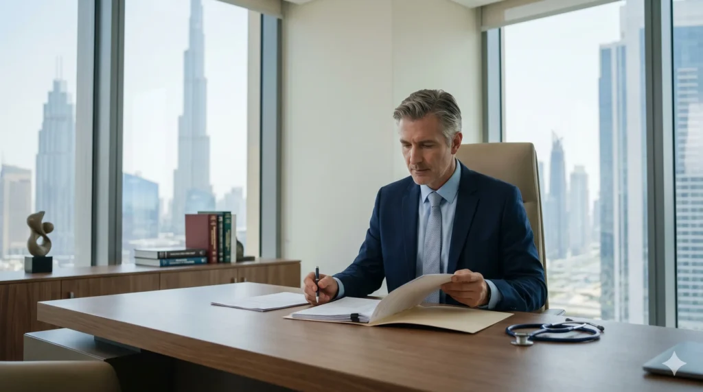A Western-trained consultant physician in a premium private hospital office in Dubai.