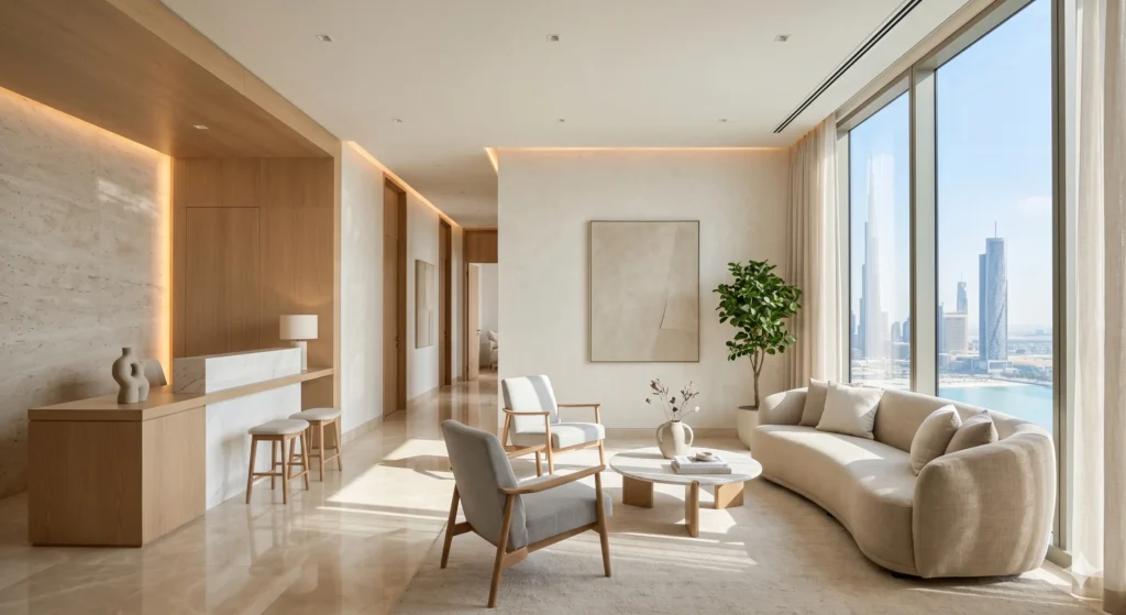A bright, premium private clinic reception area in Dubai with natural light and minimalist executive design.