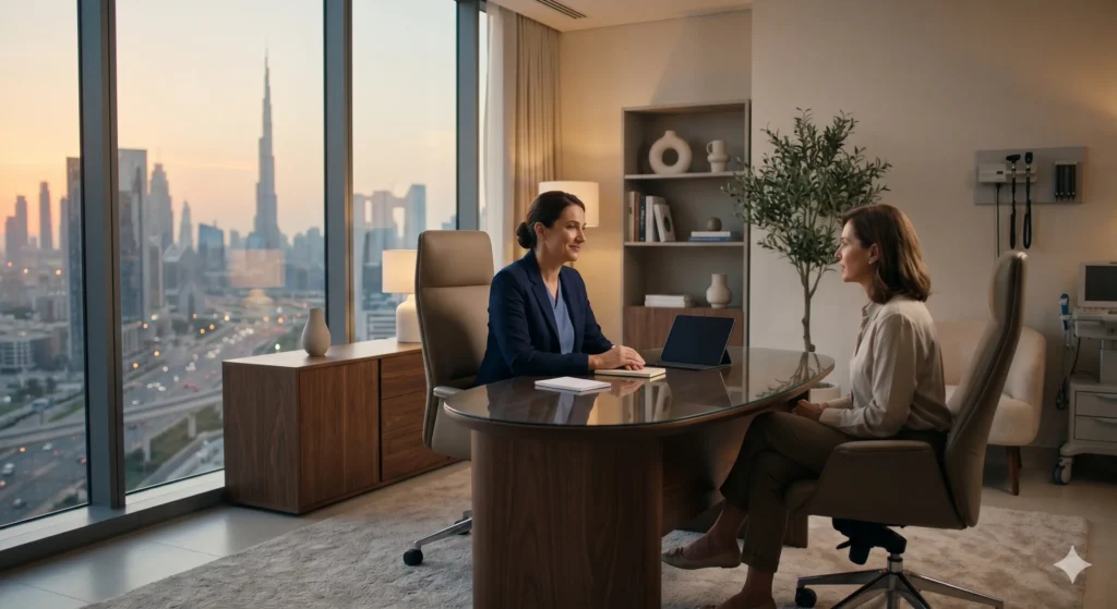 A premium consultation room in a private Dubai hospital, reflecting an executive and calm healthcare environment.