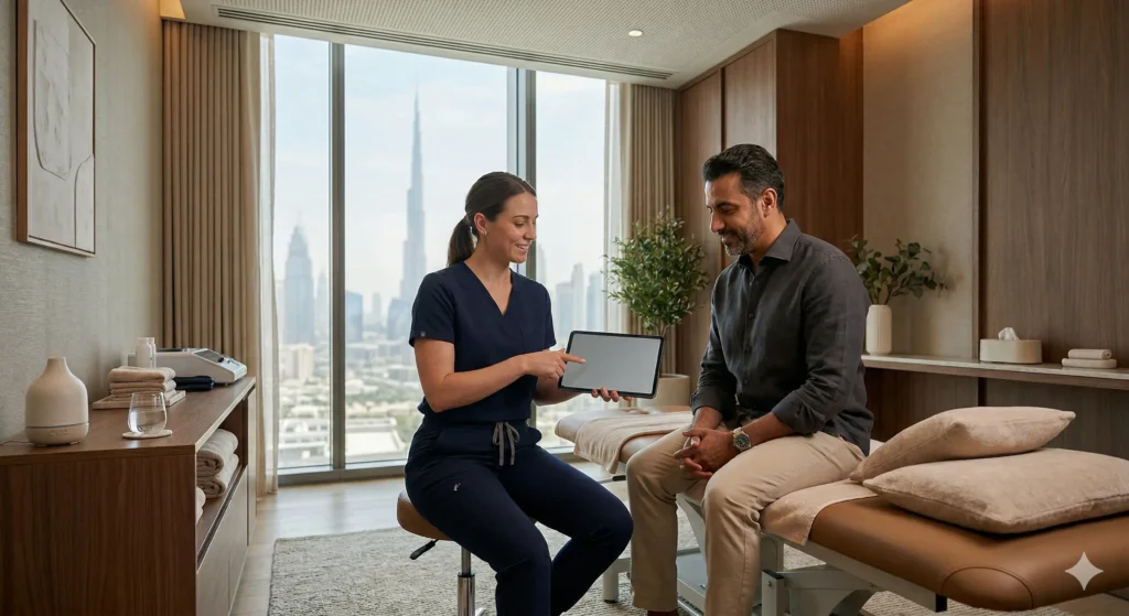 Australian physiotherapist reviewing a treatment plan in a premium Dubai private clinic