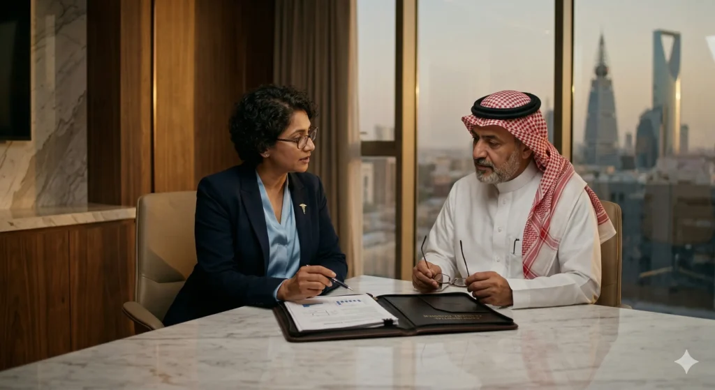 Canadian doctor reviewing a private hospital opportunity with clinical leadership in Riyadh