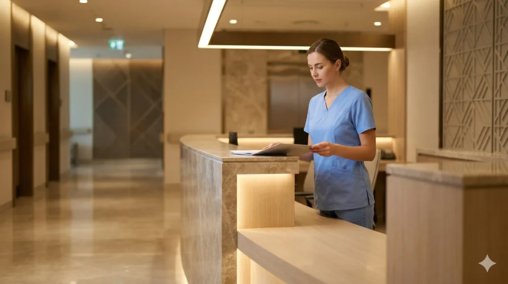 European-trained nurse reviewing her licensing file inside a premium private hospital in Doha.