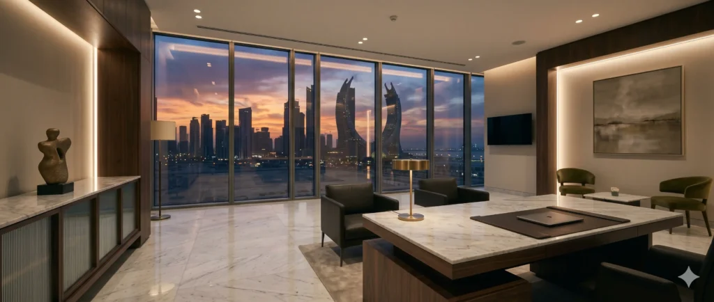 Executive interior of a premium private hospital in Doha, representing Western-trained consultant recruitment for the Qatar healthcare sector.