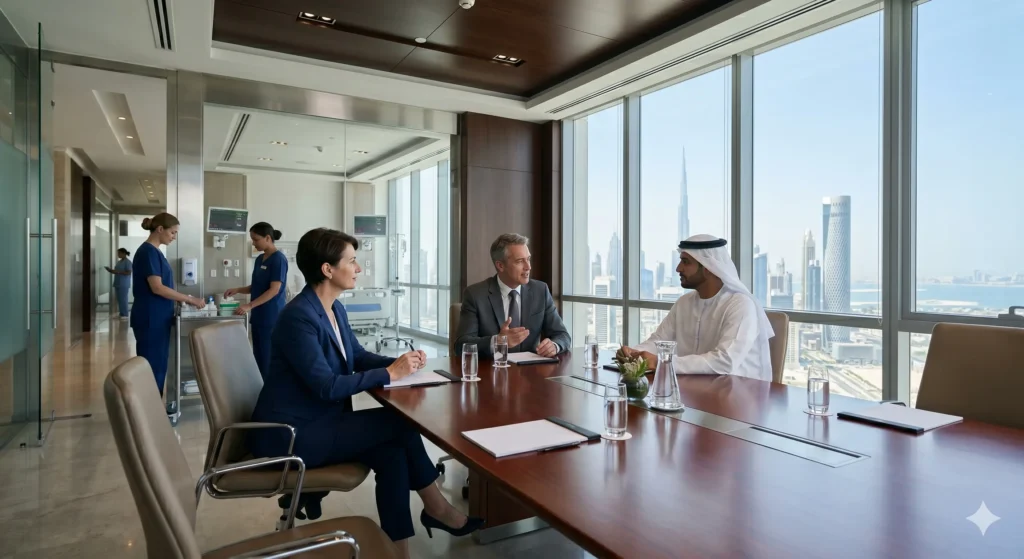 Executives in a premium private healthcare boardroom discussing clinical leadership and governance.