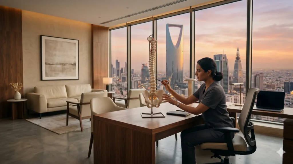 Premium physiotherapy clinic interior in Riyadh featuring a Western-trained clinician in an executive healthcare setting.