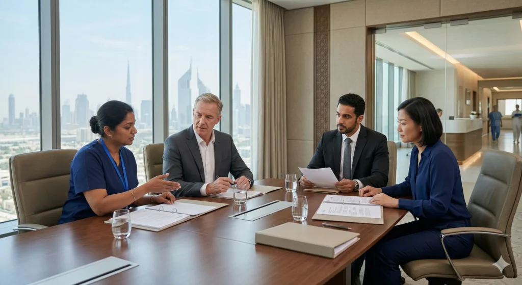 Committee Approval in Gulf Private Hospitals: 7 Quiet Rules Before a Western-Trained Hire Goes Live 1 Senior clinicians and hospital executives reviewing committee approval documents in a premium Gulf private hospital boardroom