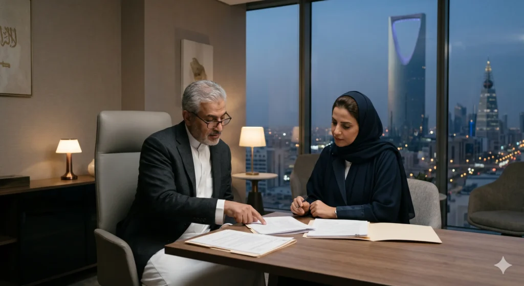 Senior private hospital leaders in Riyadh reviewing clinician credentialing documents in a discreet executive office setting.