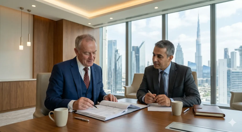 UK-trained consultant reviewing a private hospital opportunity in a premium Dubai healthcare setting