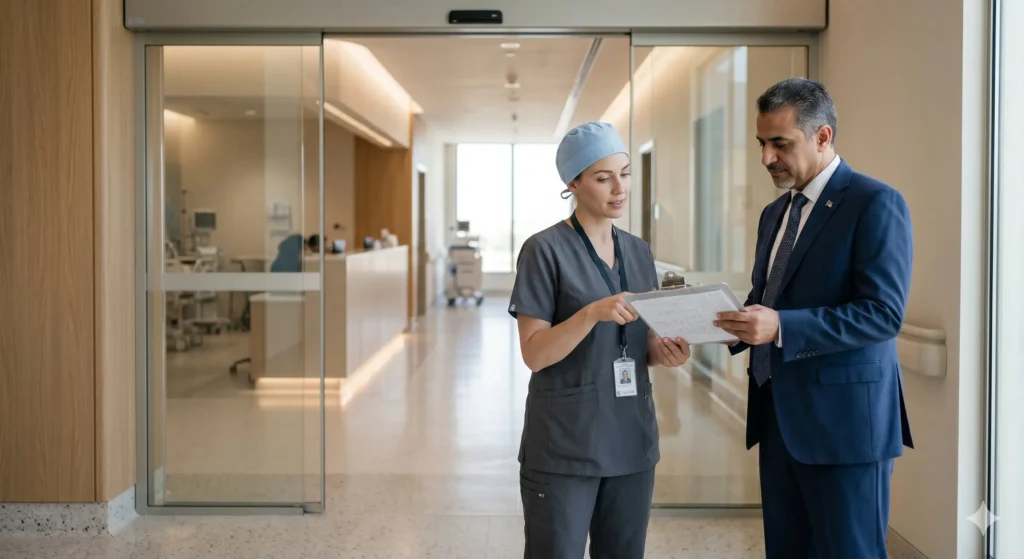 Western-trained ICU nurse and medical director reviewing a staffing plan in a discreet Riyadh private hospital setting.