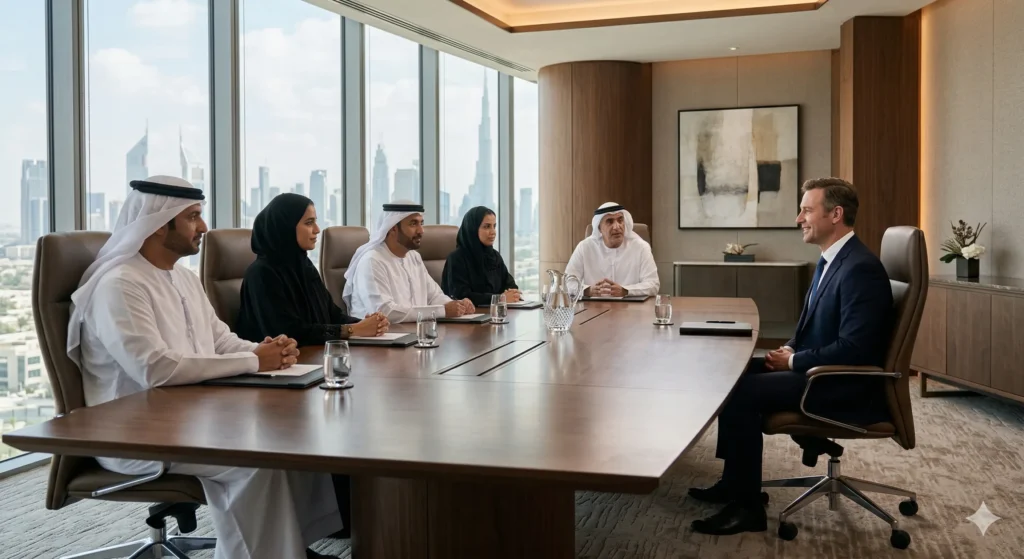 Western-trained clinician in a formal interview with a private hospital leadership panel in a premium Gulf healthcare setting