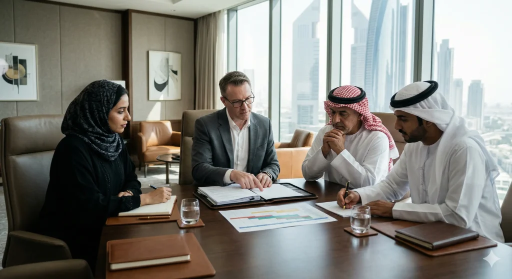 Rare Sub-Specialty Recruitment GCC: How Private Employers Should Plan the First 120 Days 1 Western-trained consultant and Gulf healthcare leaders reviewing a rare sub-specialty hiring plan in a premium private hospital boardroom