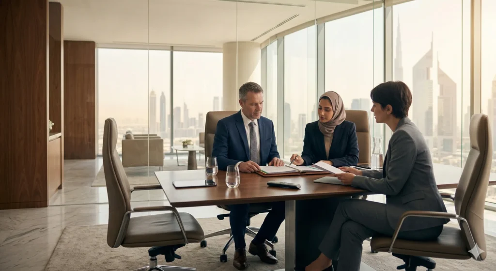 Scope of Practice Mismatch in GCC Hiring: 7 Quiet Risks Private Employers Must Control 3 Western-trained consultant and Gulf private hospital leaders reviewing clinical scope and privileging in a premium Dubai healthcare setting