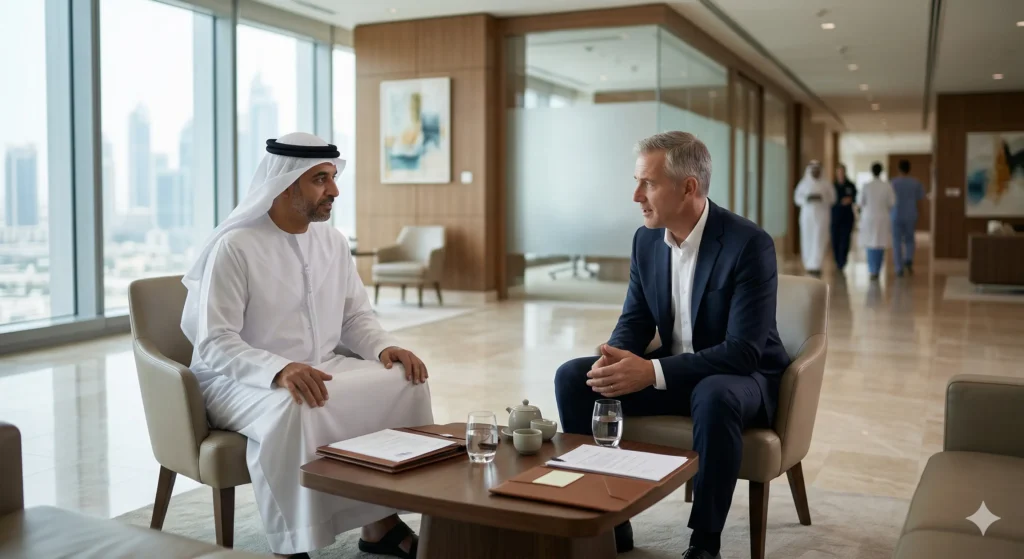 DataFlow Delays in GCC Hiring: 7 Start-Date Risks Private Employers Must Control 1 Western-trained doctor meeting a Gulf medical director in a premium private hospital during a discreet hiring and licensing discussion