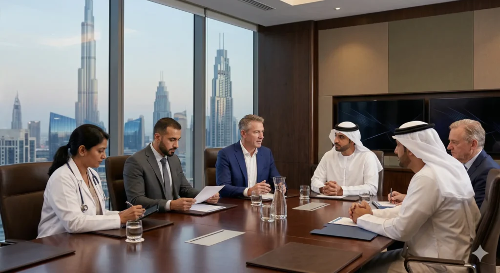 Western-trained medical director meeting senior clinicians and executives in a Dubai private hospital boardroom