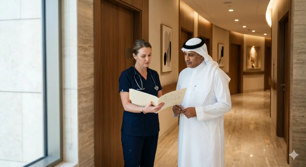 Western-trained nurse and Riyadh private hospital administrator reviewing a licensing dossier in a premium clinical corridor