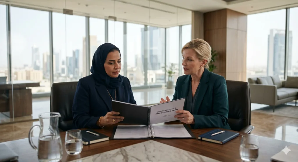Western-trained nurse meeting a Riyadh private hospital nursing director to discuss offer-stage onboarding and licensing readiness in a premium clinical setting.