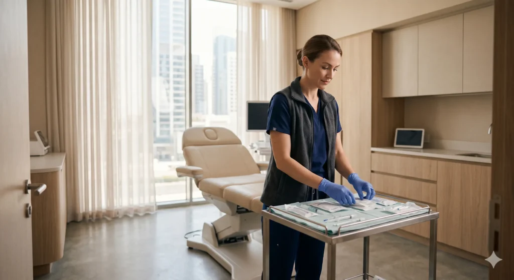 Western-trained nurse preparing a treatment room in a discreet private clinic in Dubai.