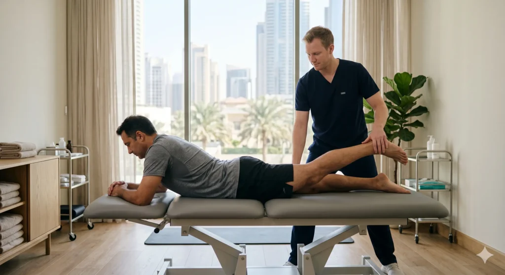 Western-trained physiotherapist delivering one-to-one rehabilitation in a premium private clinic treatment room in Dubai.