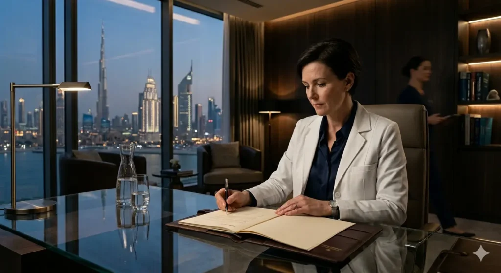 A Western-trained chief medical officer reviewing executive healthcare recruitment files in a premium Gulf facility.