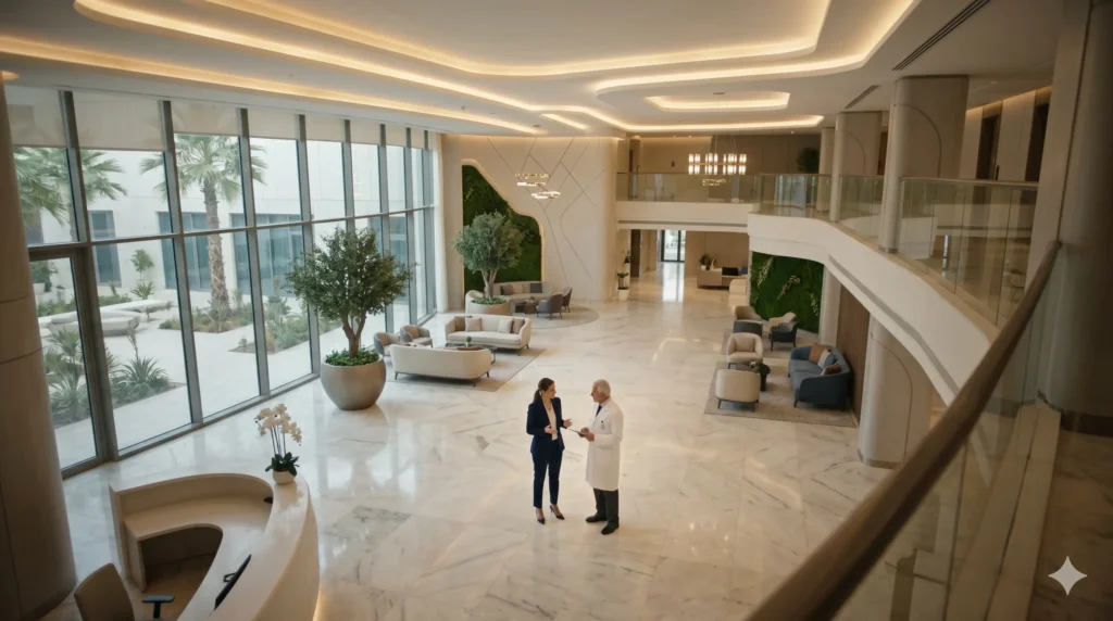 A premium private medical facility in the Gulf region showcasing an executive environment for Western-trained healthcare professionals.