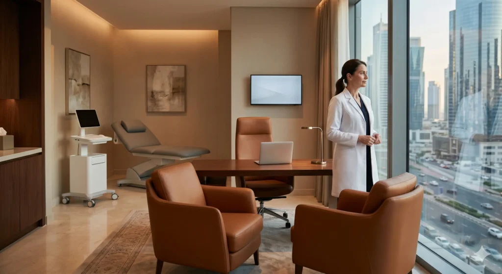 A sophisticated Western clinician standing by a window in a high-end private clinic consultation room in the Middle East, featuring premium leather seating and advanced medical equipment.