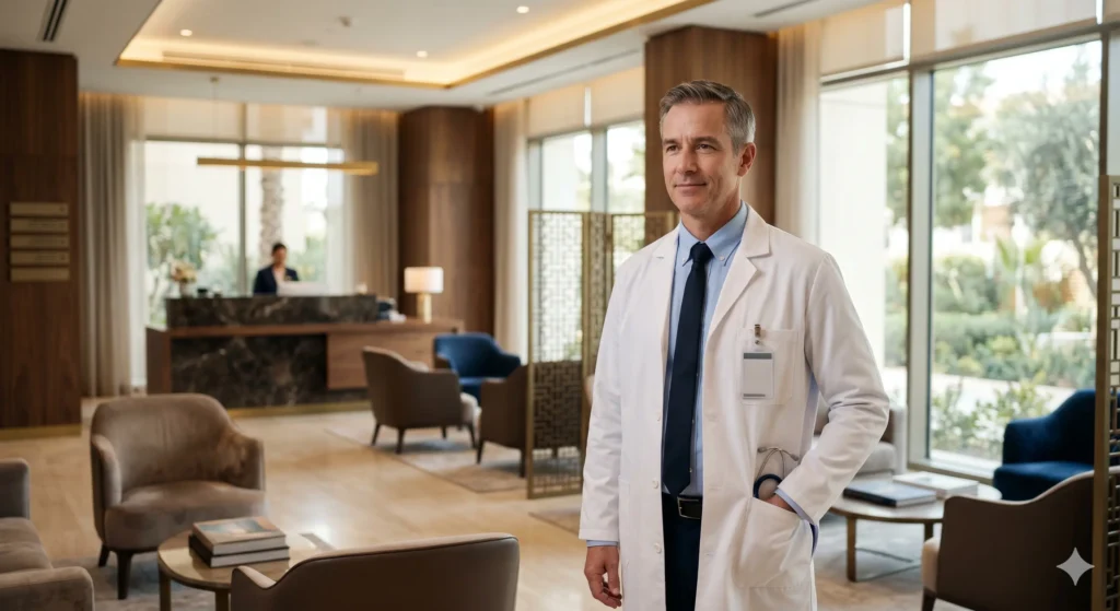 Executive Western-trained medical professional standing in a premium private healthcare clinic in the Gulf.