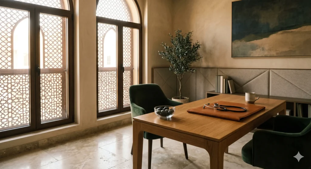 Executive clinical consultation room representing high-end Western-trained medical recruitment in the Gulf.