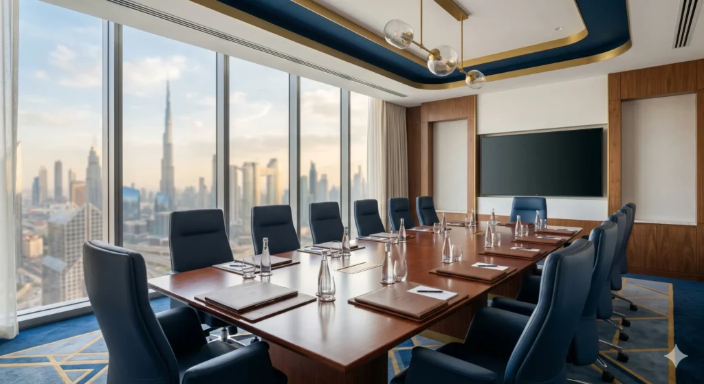 Modern executive boardroom in a premium Gulf private hospital used for clinical leadership meetings.