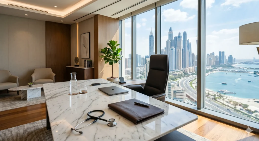 Navigating Western-Trained Healthcare Recruitment in the Gulf: Overcoming Licensing Bottlenecks 3 Executive medical office overlooking a modern Gulf city skyline for elite healthcare recruitment.
