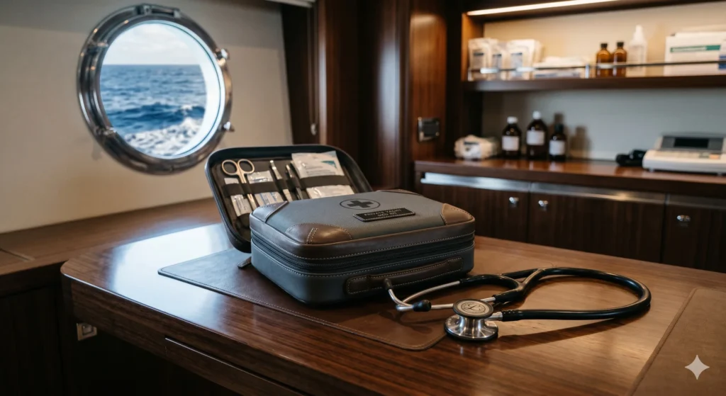 Premium maritime medical setup showing a professional stethoscope and emergency kit inside a private yacht clinical room.