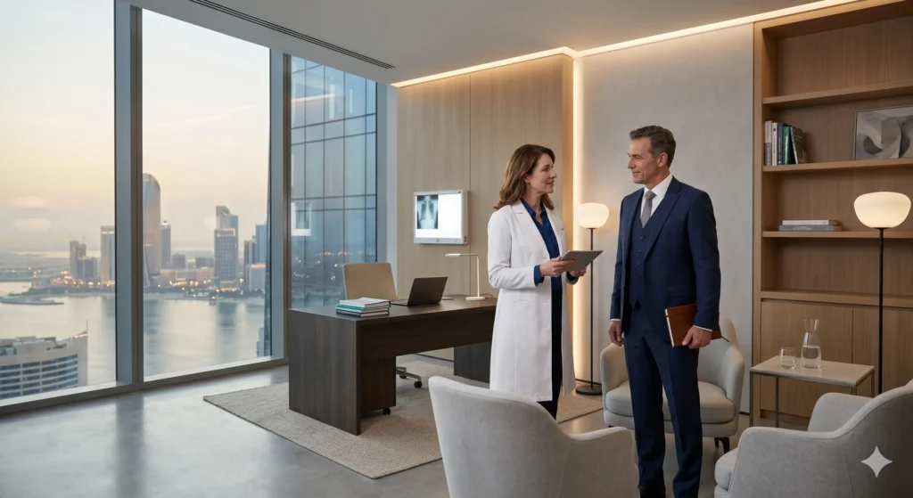 A high-end, minimalist clinical consulting room in a modern skyscraper overlooking a Gulf city skyline. The lighting is soft and cinematic. A professional, Western-trained doctor in a crisp white coat is engaged in a discreet, respectful conversation with an executive-looking colleague. The aesthetic is premium, clinical, and calm.