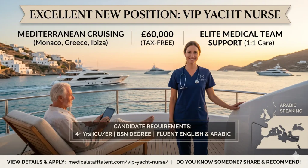 VIP Yacht Nurse (Arabic Speaking) – £60,000 (Tax-Free) Mediterranean Vacancy 1 A professional Western-trained nurse in medical scrubs standing on the deck of a luxury private yacht with the Mediterranean coastline in the background.