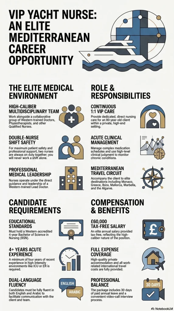 VIP Yacht Nurse (Arabic Speaking) – £60,000 (Tax-Free) Mediterranean Vacancy VIP Yacht Nurse Arabic Speaking – 60000 Tax Free Mediterranean Vacancy