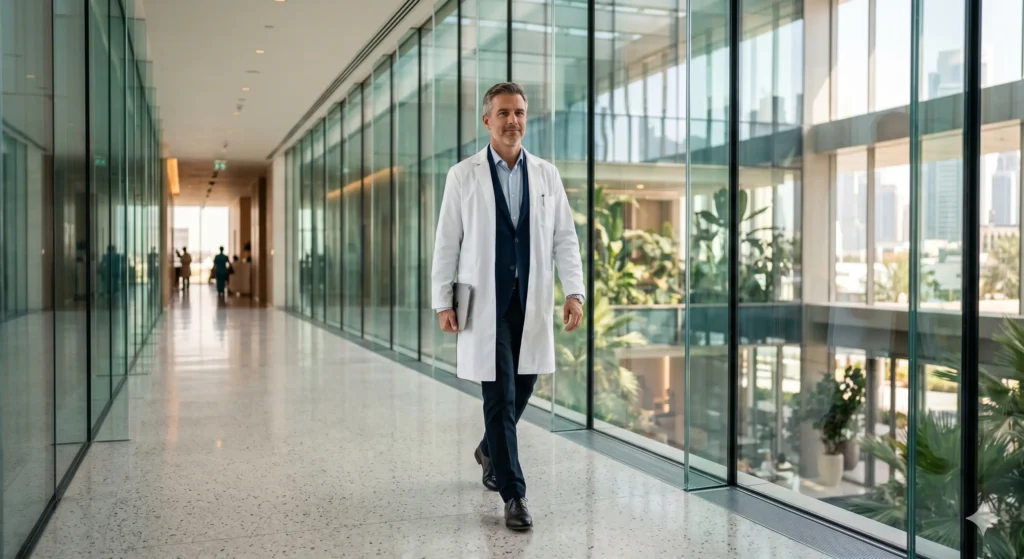 The True Cost of Delayed Deployment: Securing Western-Trained Clinical Talent for Gulf Healthcare 2 Western-trained clinical talent walking through a premium private hospital corridor in the Gulf.
