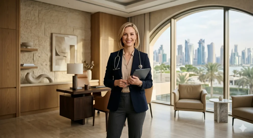 Western-trained doctor in a premium Gulf healthcare clinic