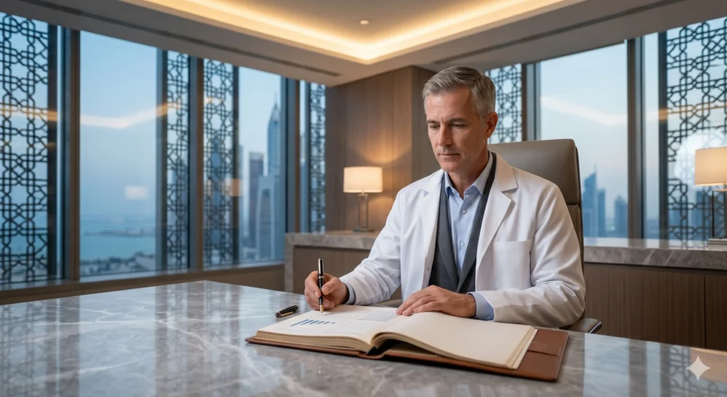 Western-trained healthcare professional in a premium Gulf private hospital.