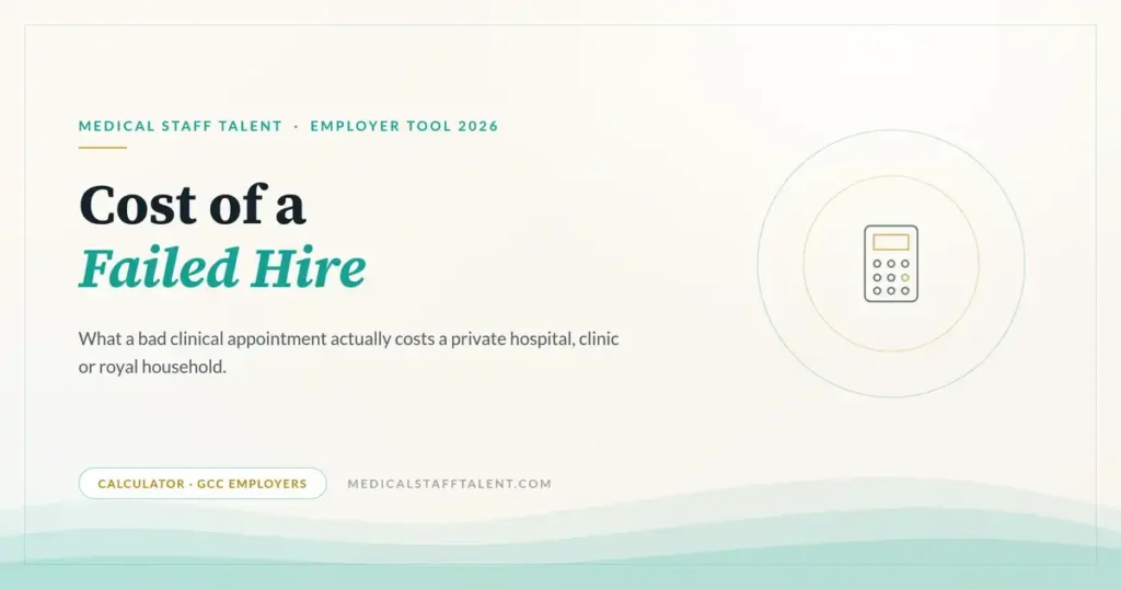 Medical Staff Talent employer tool cover: cost of a failed hire calculator for GCC private hospitals, clinics and royal households