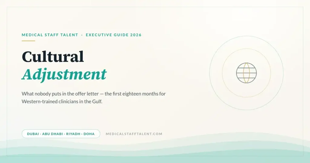 Medical Staff Talent executive guide cover: cultural adjustment for Western-trained clinicians relocating to Dubai, Abu Dhabi, Riyadh and Doha