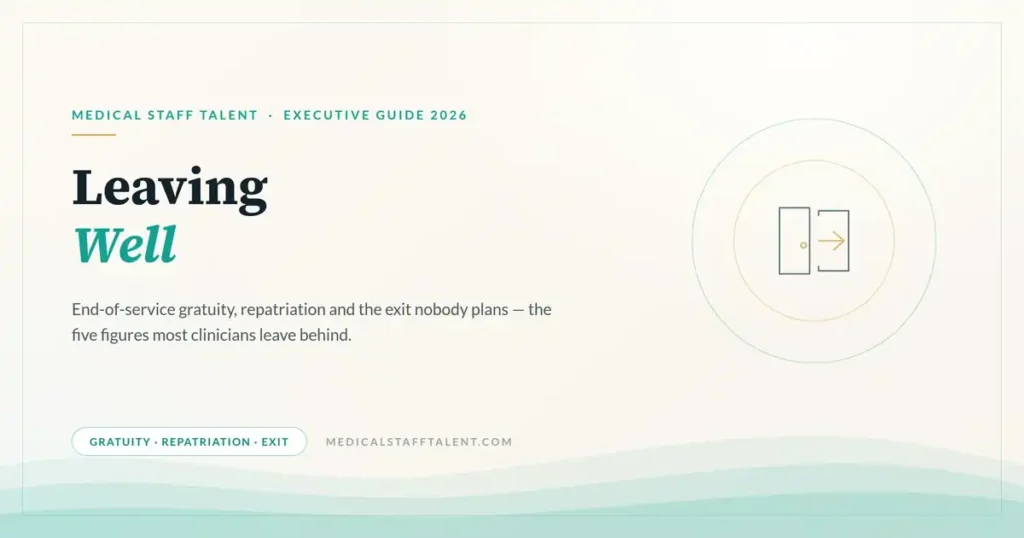 Leaving Well: End-of-Service Gratuity, Repatriation and the Exit Nobody Plans 2 Medical Staff Talent executive guide cover: end-of-service gratuity, repatriation and exit planning for clinicians leaving the Gulf