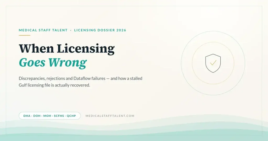 When Gulf Licensing Goes Wrong: Discrepancies, Rejections and How Files Get Recovered 1 Medical Staff Talent licensing dossier cover: Gulf licensing discrepancies, rejections and file recovery across DHA, DOH, MOH, SCFHS and QCHP
