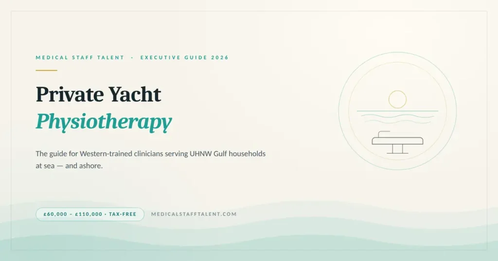 Private Yacht Physiotherapy: The 2026 Guide for Western-Trained Clinicians Working at Sea 8 Medical Staff Talent executive guide cover: Private Yacht Physiotherapy for Western-trained clinicians serving UHNW Gulf households