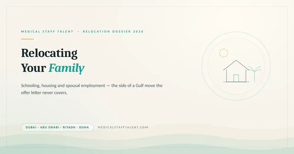 Relocating Your Family to the Gulf: Schooling, Housing and Spousal Employment in 2026 6 Medical Staff Talent relocation dossier cover: schooling, housing and spousal employment for Western-trained clinicians moving to Dubai, Abu Dhabi, Riyadh and Doha