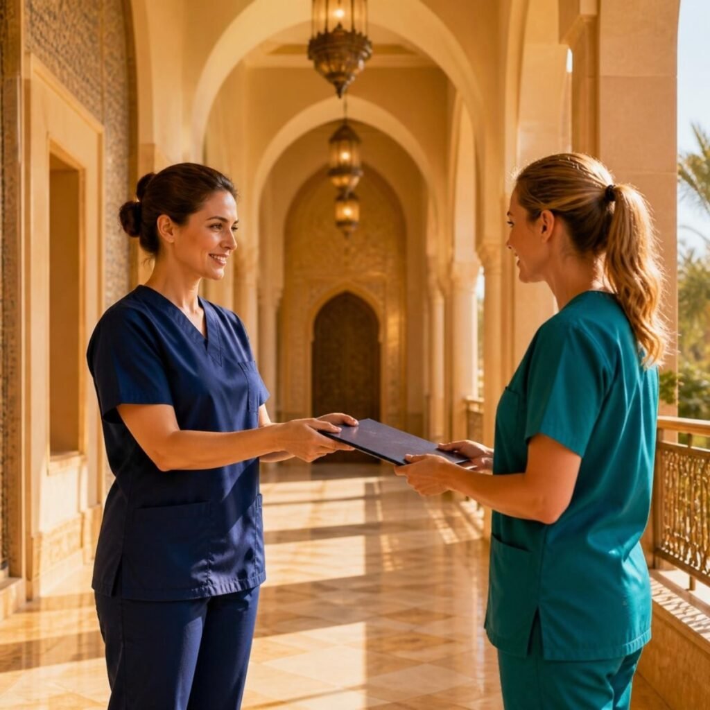 Two UK and European-trained private nurses handing over a clinical folder in a Gulf residence corridor