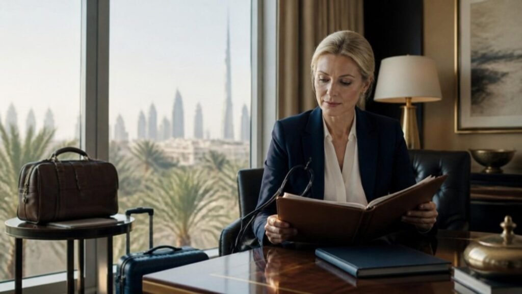 UK-trained resident physician reviewing a family medical file in the private study of a Gulf residence